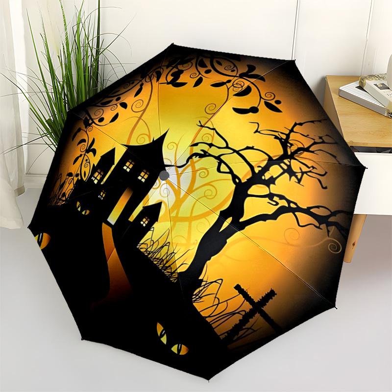 1pc Haunted House Halloween Automatic Folding Umbrella, Lightweight Retractable Compact Travel Umbrella, 8-Rib Sturdy Frame076