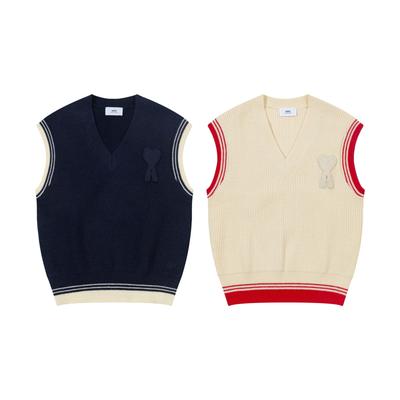 AMI New Autumn and Winter Knitted Striped V-neck Pullover Vest with Heart-shaped Text Logo Knitted Sheep Sweater Base Vest