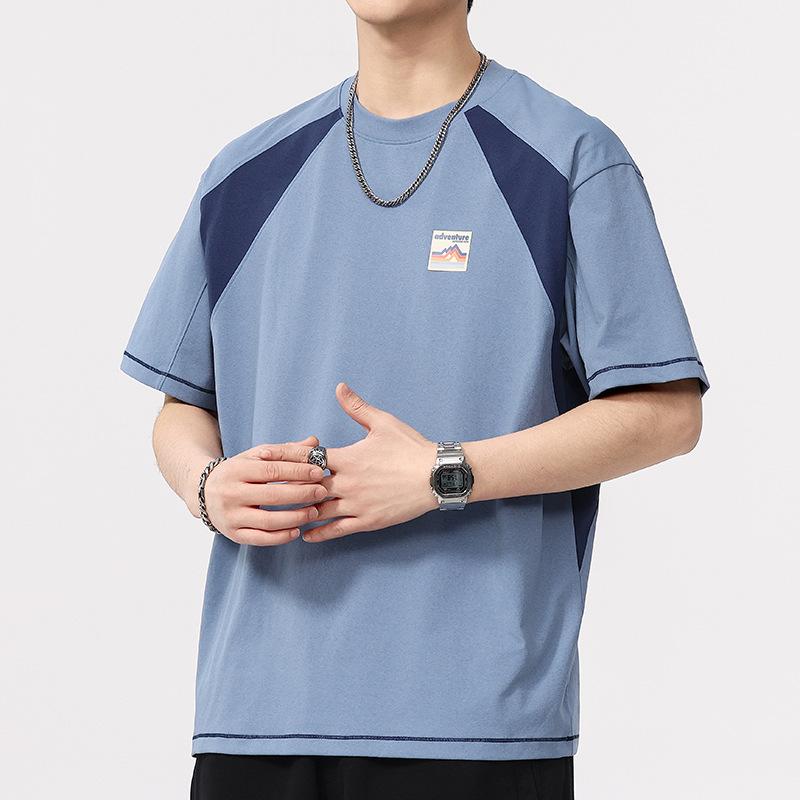 Summer Theme Color Contrast Design Color Block Striped Short-sleeved T-shirt Men's Round Neck T-shirt Short-sleeved