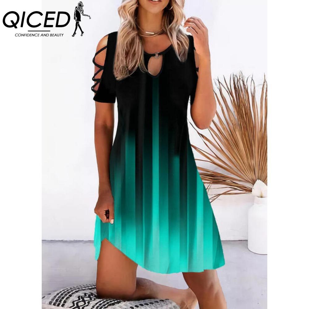 QICED 13 Color Women Floral Print Dress Summer Sexy Short Sleeve O-Neck Mini Dresses Female Vintage Elegant Dress