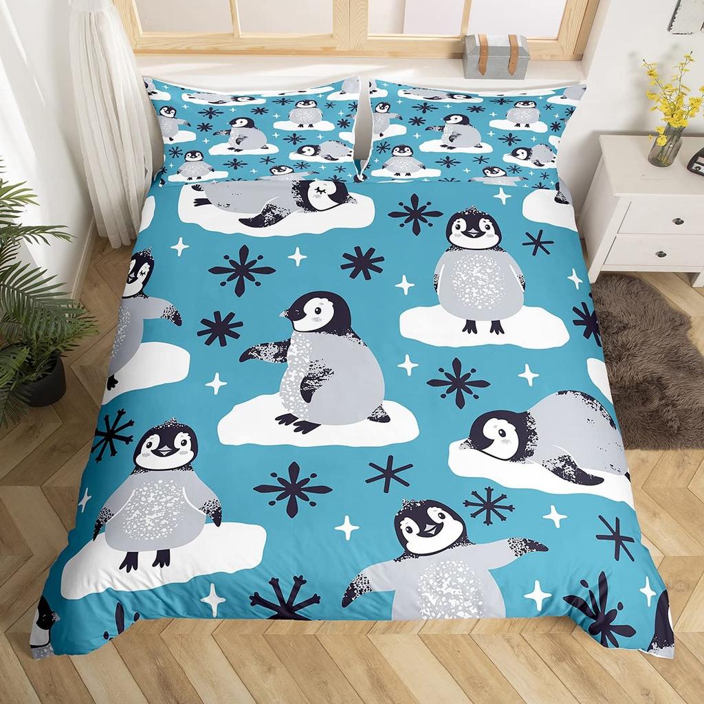Set Copripiumino con Stampa di Pinguini ad Acquerello Set Biancheria da Letto 3 Pezzi Per Bambini Copripiumino Morbido Coperta Trapunta con 2 Federe