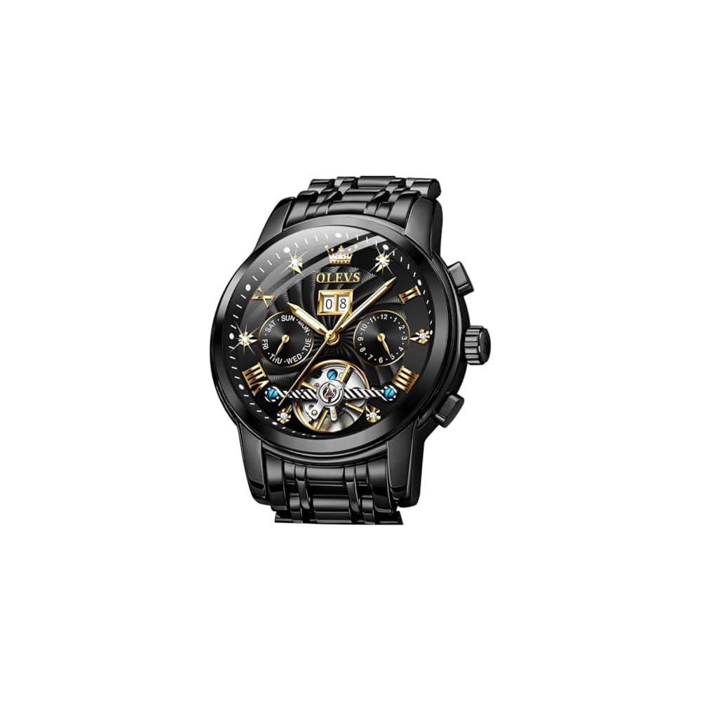 OLEVS Skeleton Watch Men s Luxury Diamond Automatic Mechanical Waterproof Black 9910