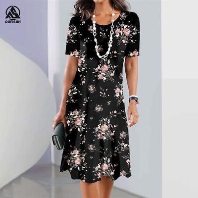 Fashion Women‘S Dresses Short Sleeves Crushed Flower Elegant Dress Casual Oversize Clothing Holiday Short Sleeve Ladies Clothing