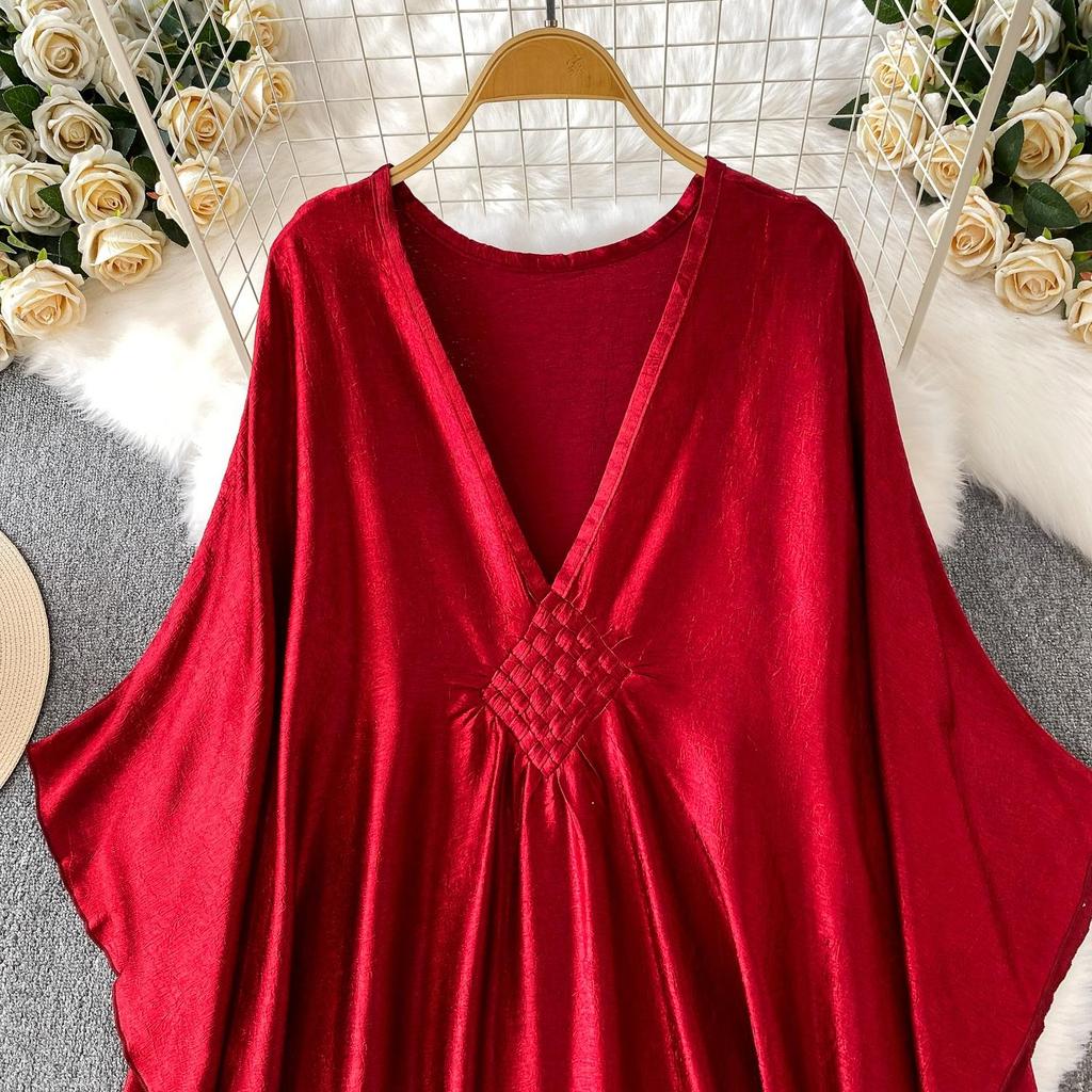 Vestido Feminino Longo de Cetim com Estampa Étnica Retrô, Decote V, Manga Sino, Corte Solto que Disfarça a Barriga, Emagrecimento, Temporada de Outono