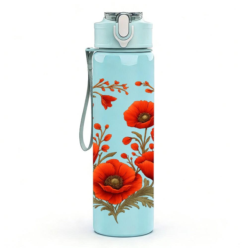 1PC Red Poppy Flower Cluster Print 750ml Color Plastic Sports Water Bottle Leakproof Flip Straw Lid For Sports Office Home Use