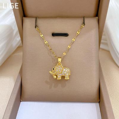 Titanium Steel Light Luxury Elephant Necklace with Real Gold Inlay - Elegant 3D Design for Women, Clavicle Chain Style.