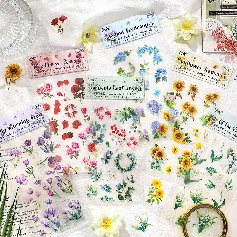 6Pcs Beautiful Flower Flat Stickers Journal Scrapbook Decor Supplies Fresh Plant Waterproof Decals