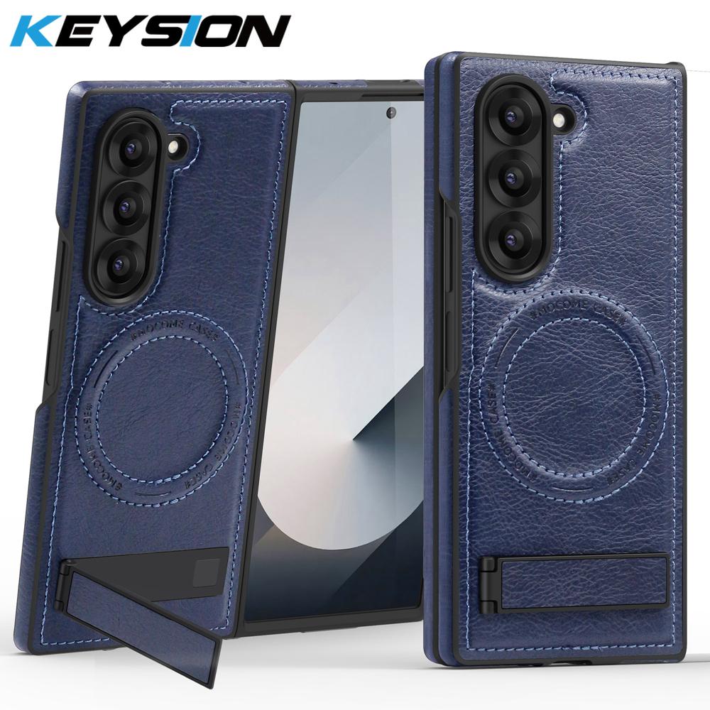 KEYSION Luxusní PU kožené magnetické pouzdro pro MagSafe pro Samsung Galaxy Z Fold 6 5 4 3 5G Kickstand Bezdrátové nabíjení Kryt telefonu