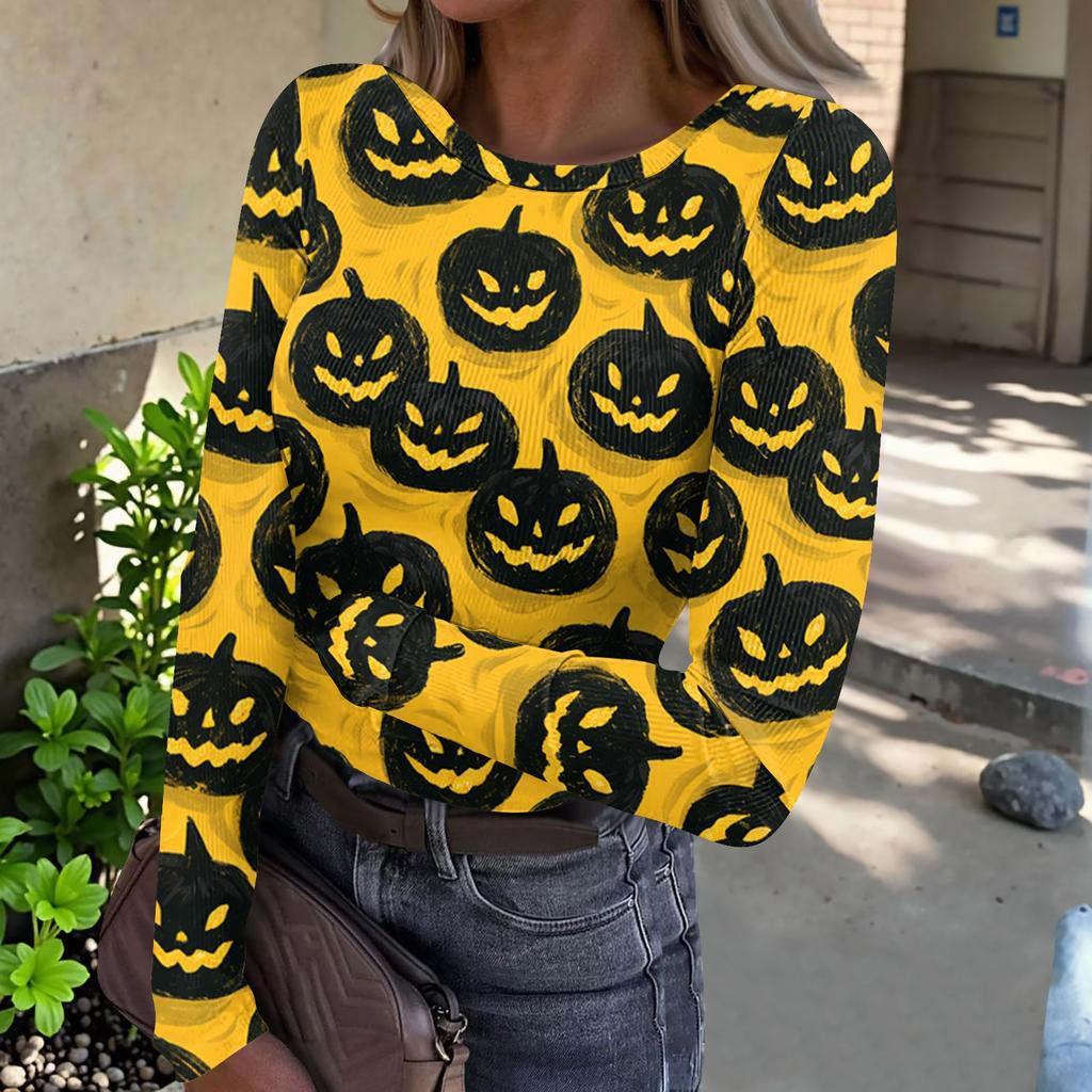 Women's Casual Ribbed Long Sleeve Top Halloween Print Round Neck Slim Fit Stretchy Knit Shirt for Fall Seasonal Wear