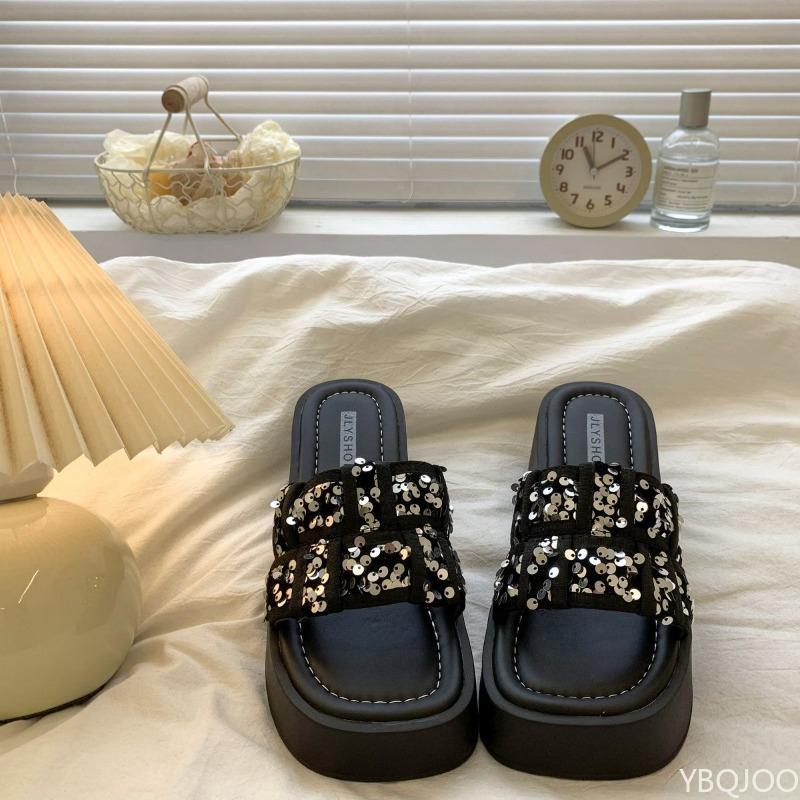 Open-toe Women's Casual Comfortable Fish Mouth Shoes Women Summer Sequin High-heeled Sandals Simple Thick-sole Slippers 2025 New