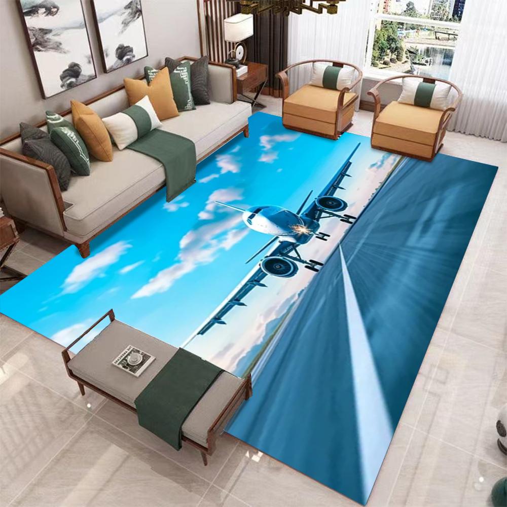 Large Airplane Taxiing on Runway Carpet with Orange Yellow Sky Living Room Area Rug Match Light Gray  Home Decoration Ma