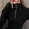 Women's Black Slim Fit Half Turtleneck Long Sleeve Zipper Shirt - 2022 Autumn New Style
