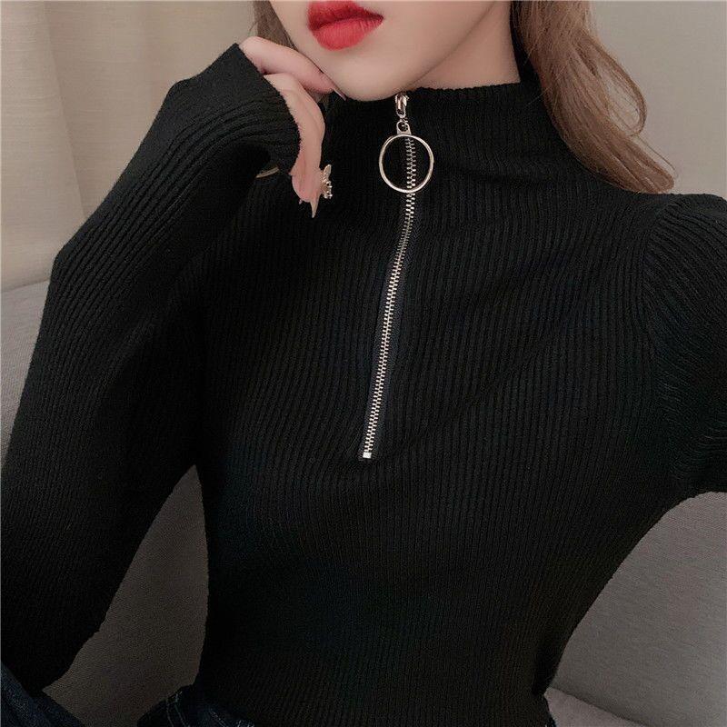 Women's Black Slim Fit Half Turtleneck Long Sleeve Zipper Shirt - 2022 Autumn New Style