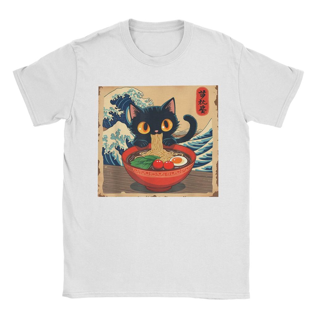 Men T-Shirt Japanese Black Cat Ramen Creative 100% Cotton Tee Shirt Short Sleeve Kawaii Noodle Cat T Shirt Round Neck