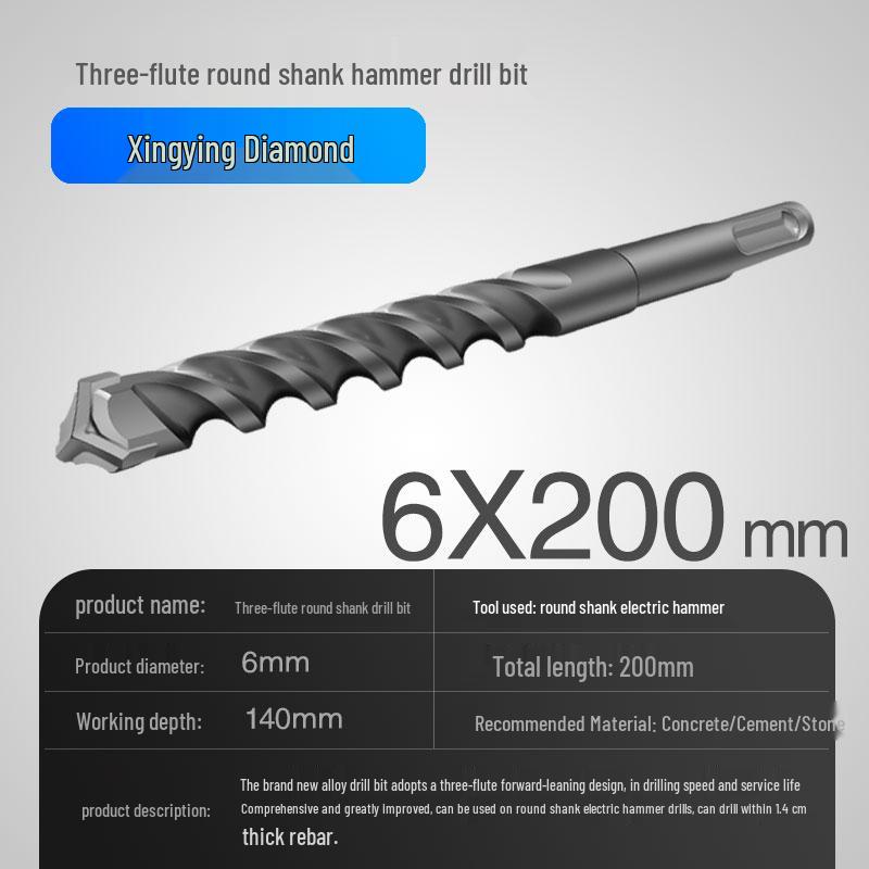 Three-Flute Round & Square Shank Drill Bit for Concrete, Cement, Rebar, Stone, Granite, Marble.