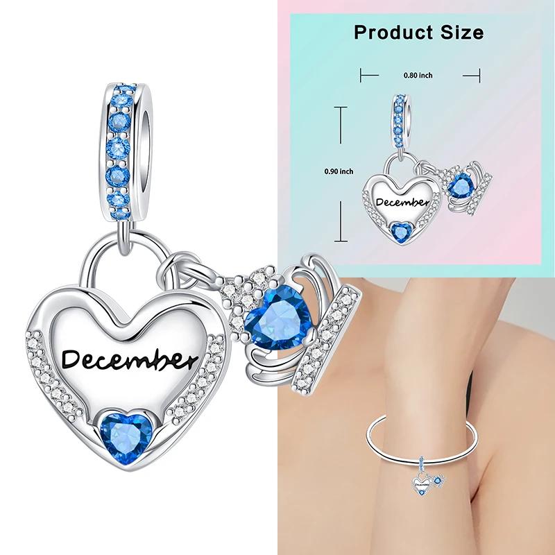 Copper 12 Months Birthstone Heart-Shaped Beads Charms Fit Original Bracelet Charm Beads Necklace Diy Female Jewelry