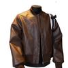 Chaqueta de Béisbol para Hombre de Cuero PU Marrón Otoño - Estilo Motero Casual Holgado