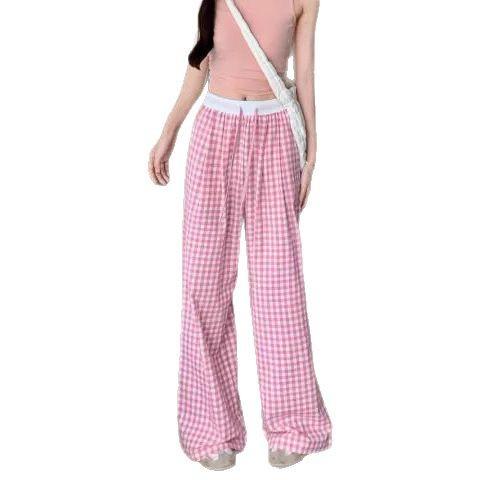 Summer three-color plaid loose casual pants women's thin versatile floor pants high-waisted lazy drape straight pants