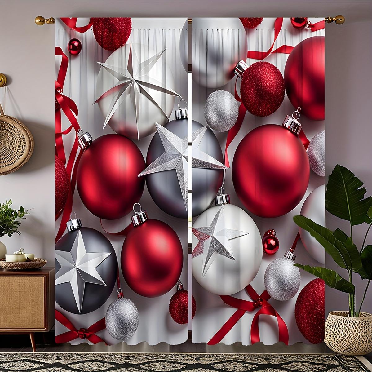 

2pcs Set of Festive Christmas Curtains with Red Green Ornaments Digital Printed, Rod Pocket Design for Living Room Bedroom Decor (W50cmxH130cm)x2&Grommet Top