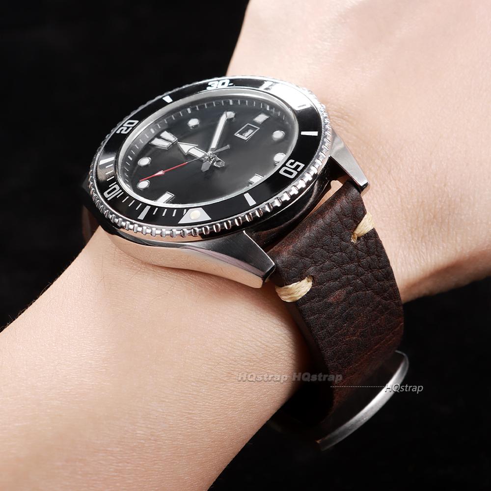 Handmade Cowhide Leather Strap 18mm 20m 22mm Black Brown Leather Bracelet Retro Women Men Watch Accessories for Smart Watch Band