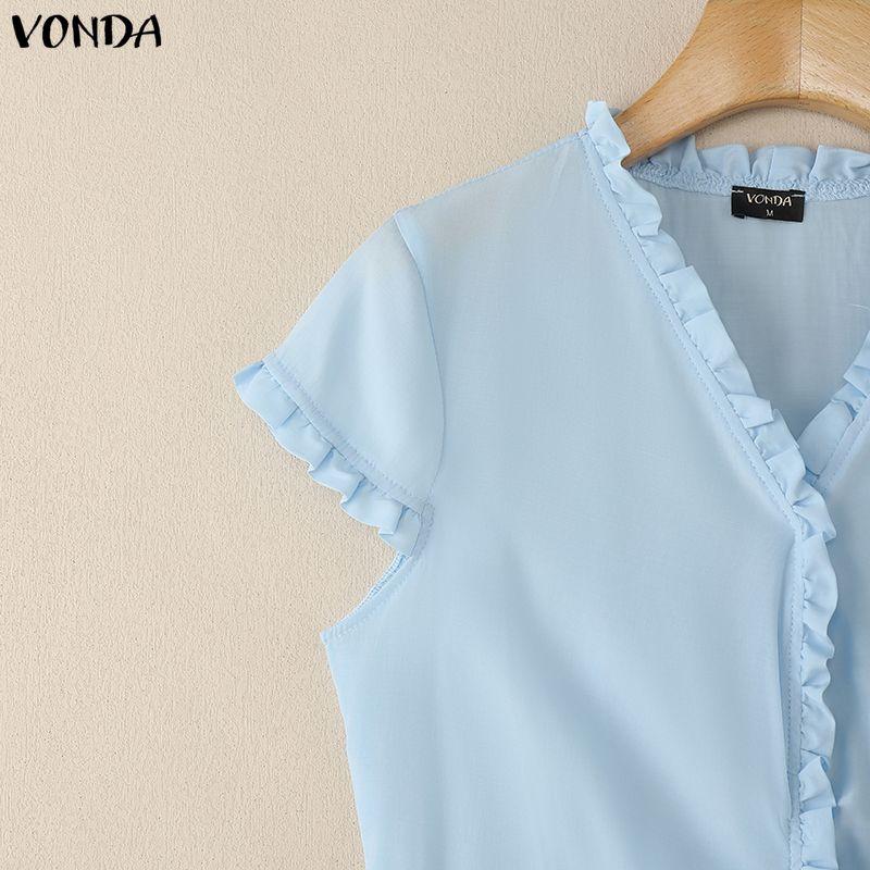 VONDA Summer Women Casual V-Neck Short Sleeve Ruffled Hem Slim T-shirts Tops
