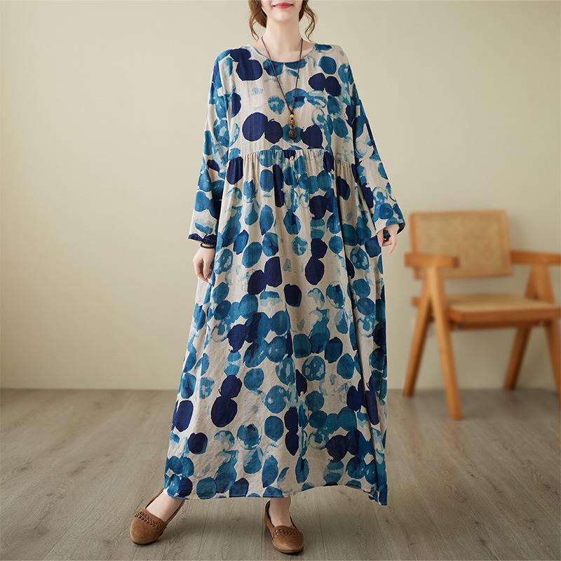 Rundhals Locker sitzendes Damenkleid mit Print und langen Ärmeln