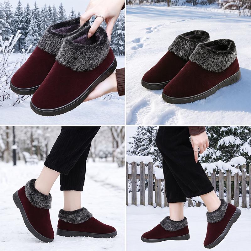 Winter Warm Old Beijing Flat Cotton Shoes with Soft Rabbit Fur for Elderly