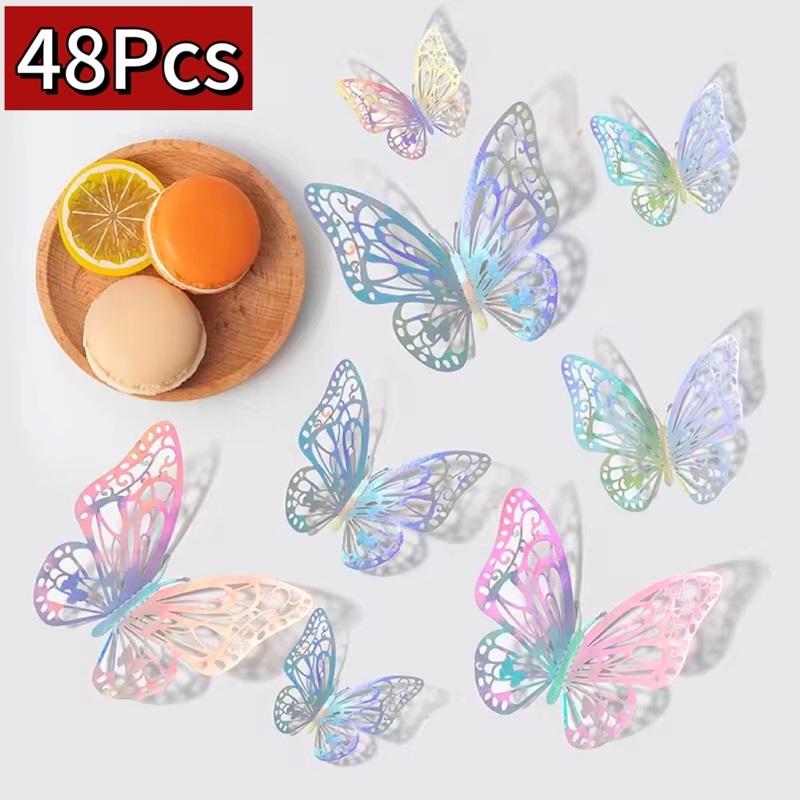 48pcs/lot Metal Inspired Hollow 3D Paper Butterfly Decorations for Parties, Festivals, Weddings, Birthdays, Wall Stickers