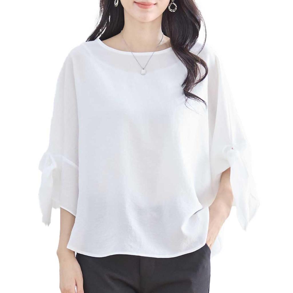 AICA Tunic Ribbon Round Voluminous Loose Plus Solid One Size White Women's A-Line Blouse, Pullover, Flared, Sleeves, Neck, Sleeves, 3/4 Sleeves,