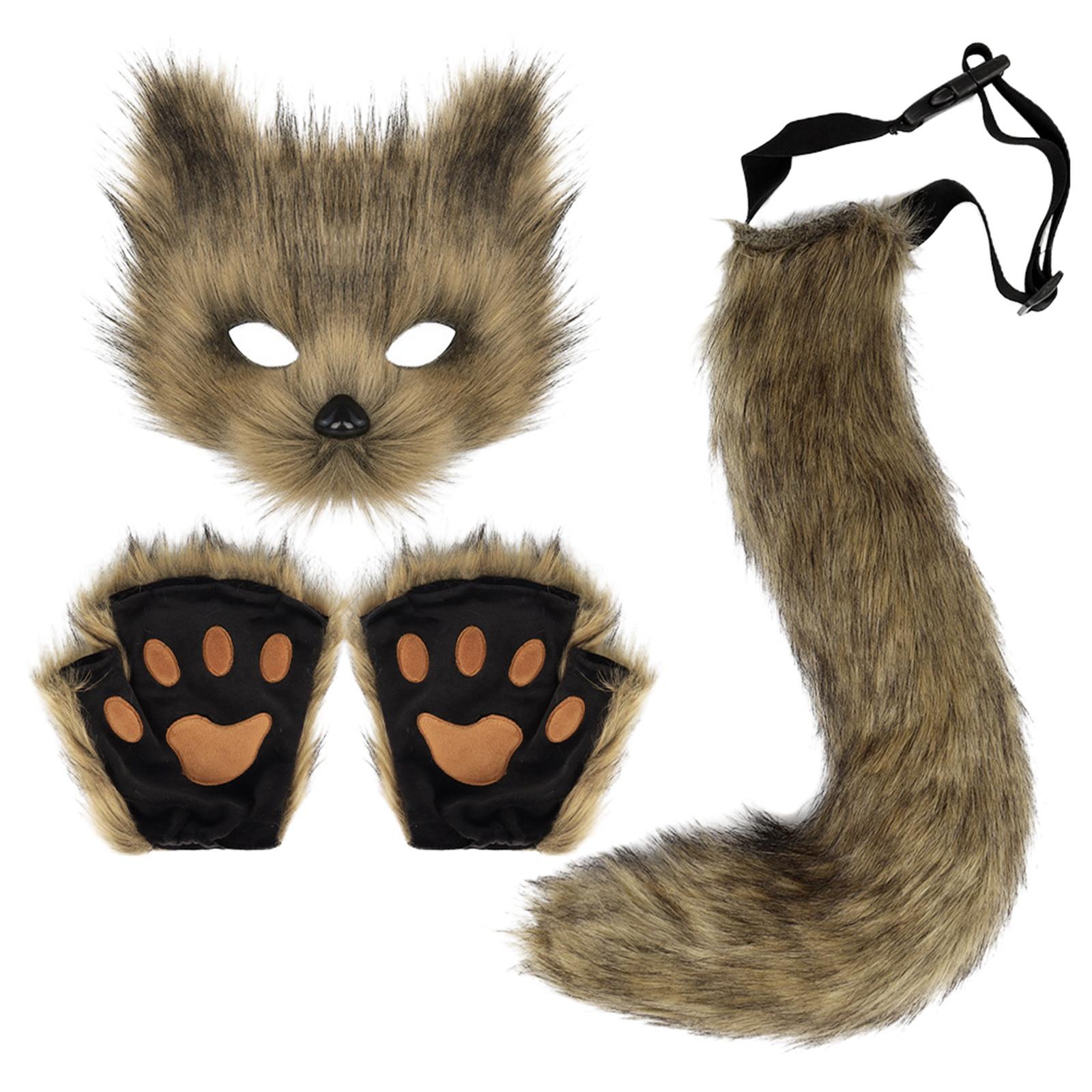 

Therian Mask+Tail+Gloves Set Halloween Cosplay Costume Accessories Fox Mask Tail Half Face Faux Furs Foxy Tail Cat Mask хаки