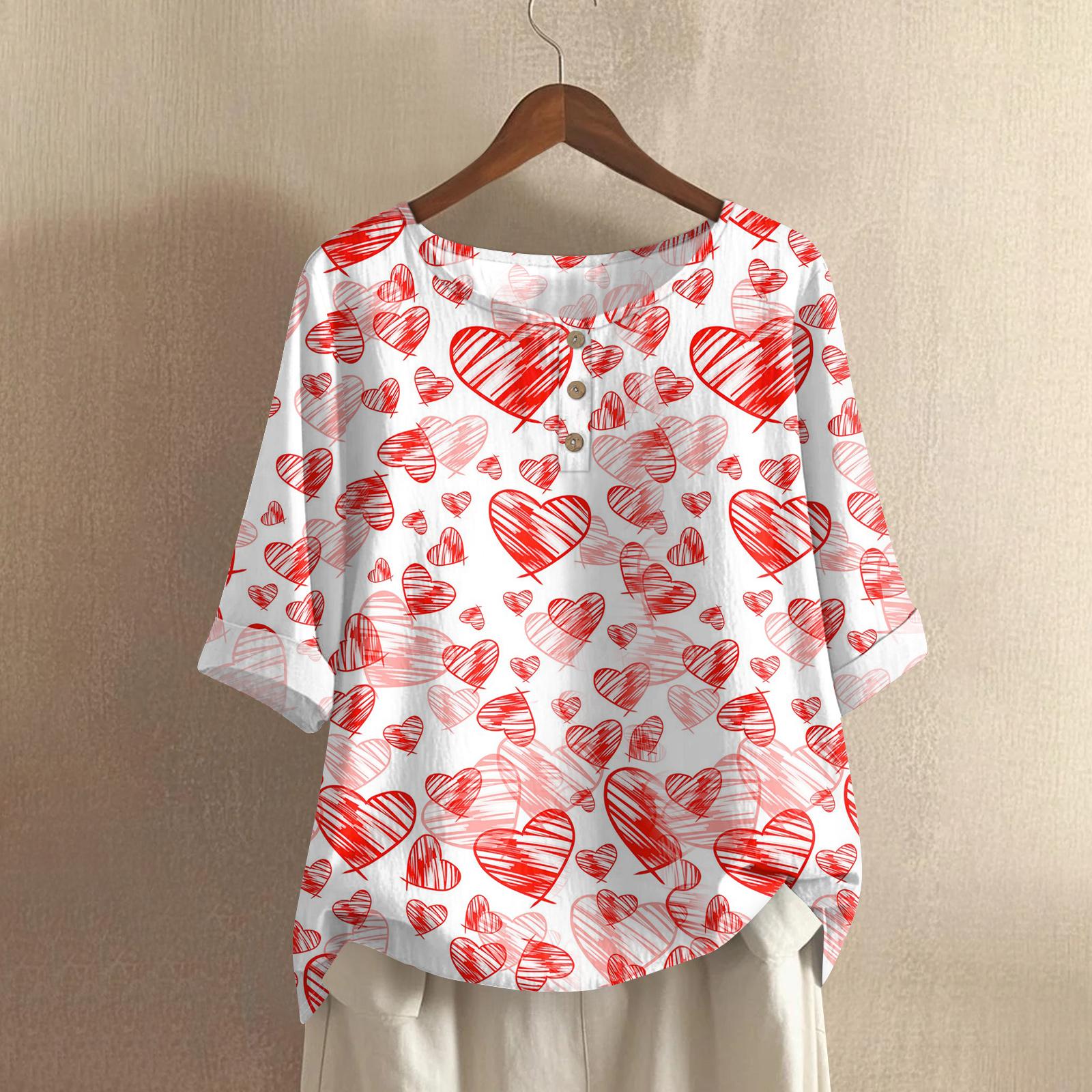 

Women s Casual Mid,Sleeve Round Neck Valentine s Day Print Cotton,Linen Blend Top M червоний