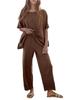 Women's Two Piece Travel Lounge Set Short Sleeve Knit Pullover and Wide Leg Pants Tracksuit
