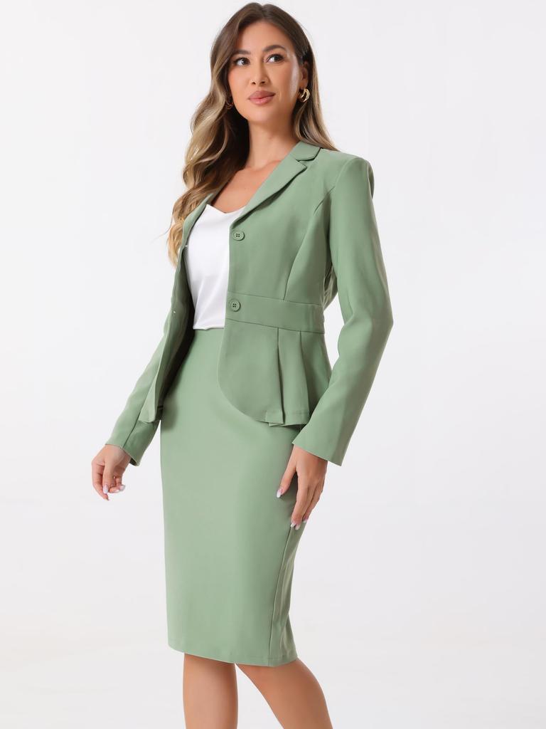 Allegra K Women's Two-Piece Business Blazer and Pencil Skirt Set with Long Sleeves, Notch Lapel, and Peplum, Pea Green, Size XL