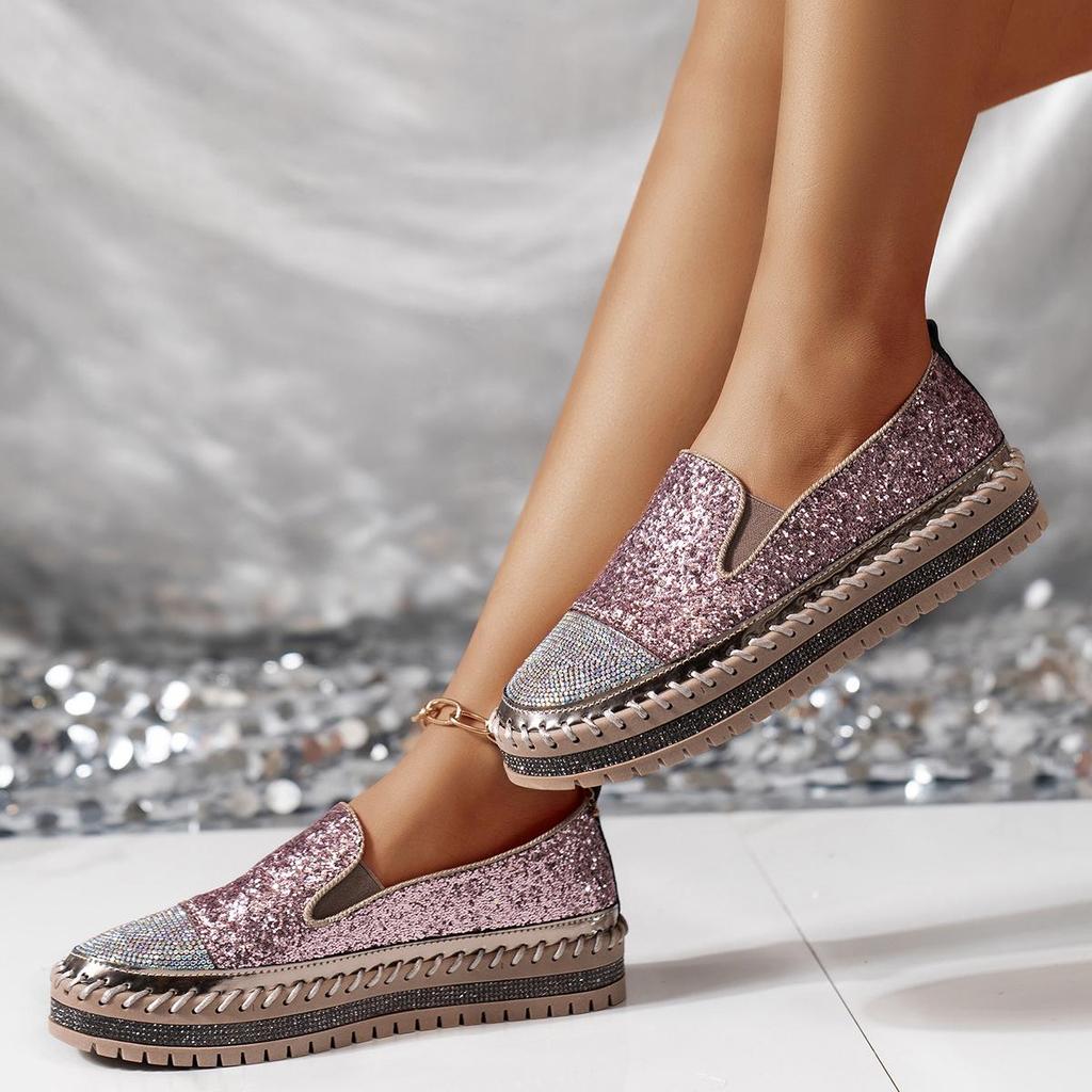 Korean Style Rhinestone Thick-Soled Casual Loafers (Plus Size) for Spring and Autumn 2025