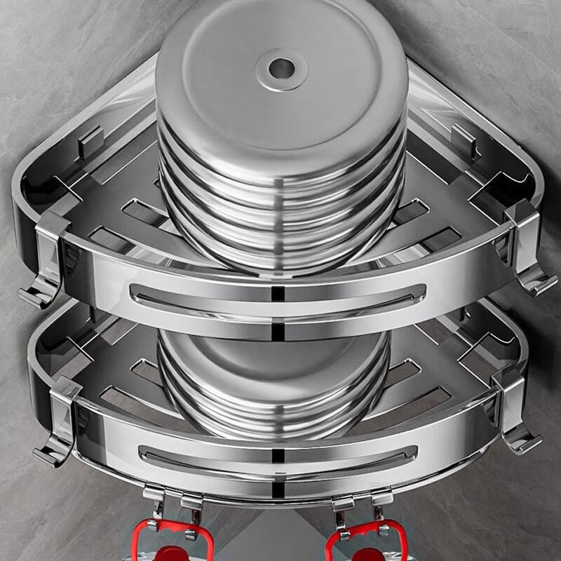 304 Stainless Steel Double-Layer Bathroom Shelf with Rod & Hooks