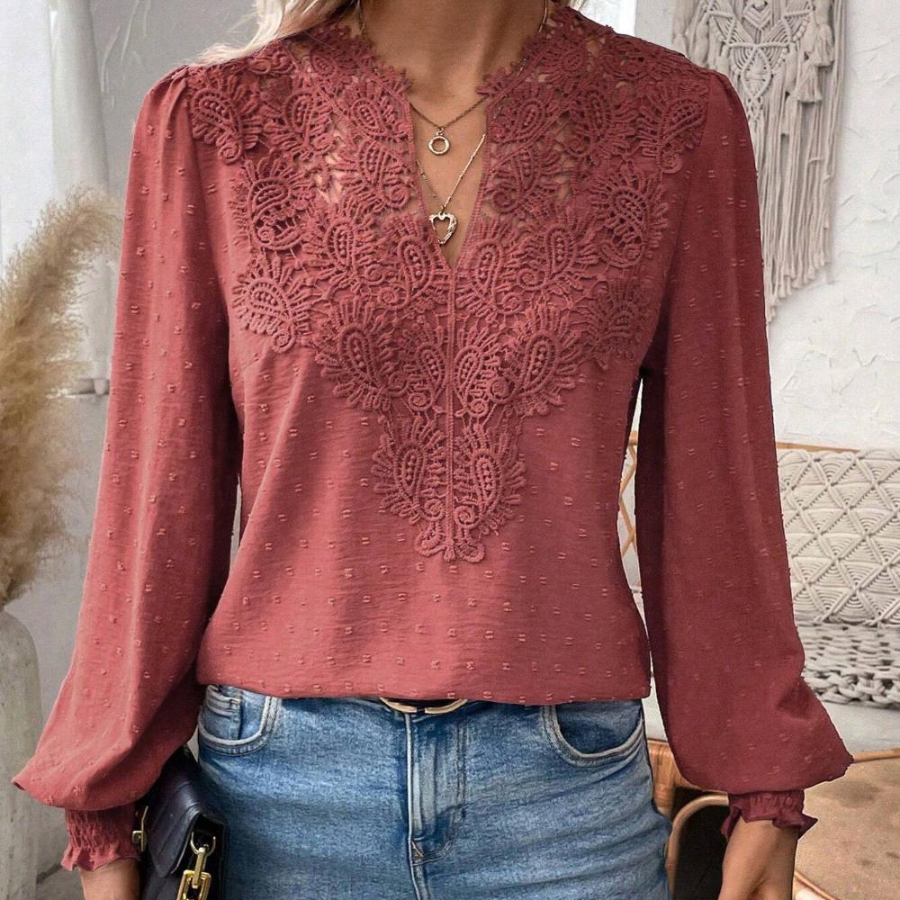 2025 Autumn/Winter New Collection, Fashionable V-neck, Lace, Solid Color, Long Sleeve, Casual Top, Women's Top, Autumn/Winter Interior, Elegant Design