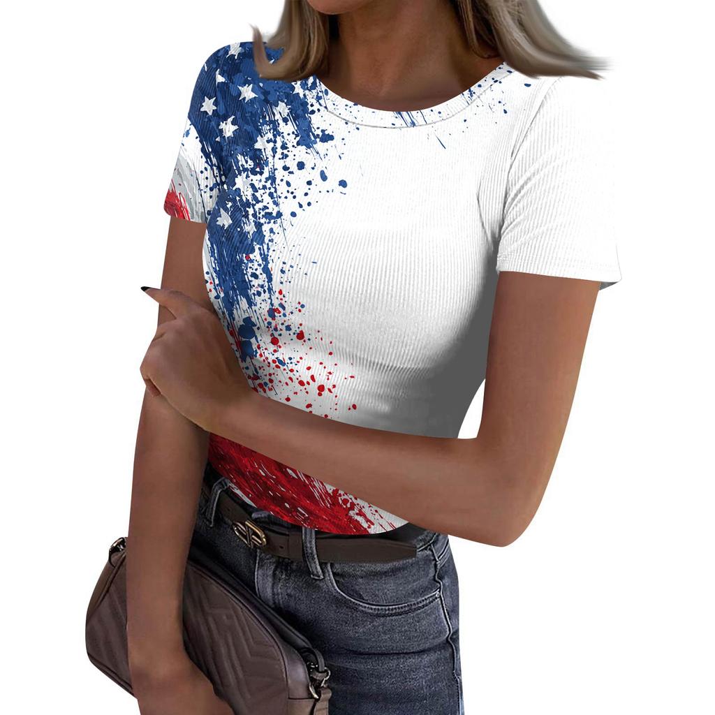 Women's Casual Fashion Round Neck Independence Day Print Short-Sleeve Ribbed Top