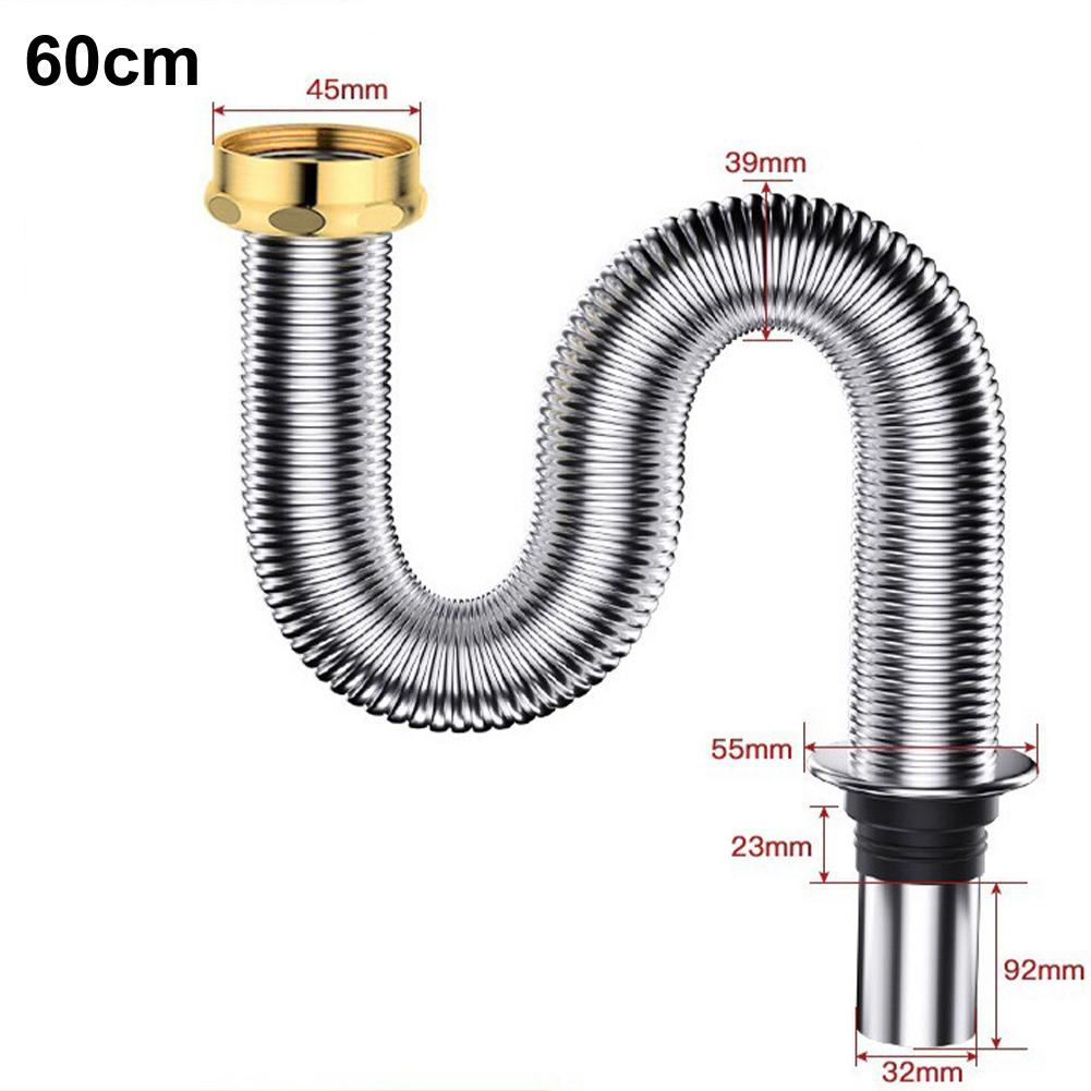 40/60cm Stainless Steel Bathroom Kitchen Sink Siphon Waste Drain Flexible Pipe Hose Home Retractable Drainage Tube