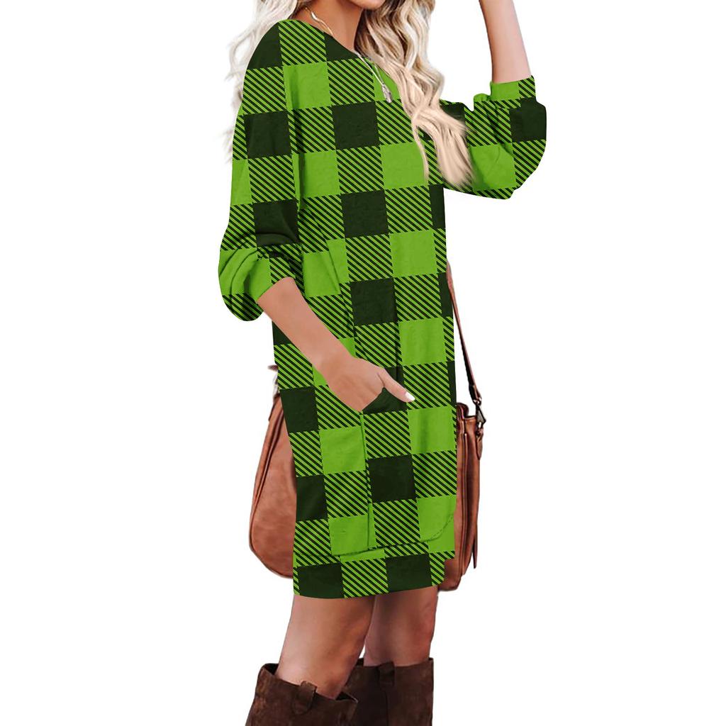 Women's Checked Print Fashionable Long-sleeved Round-neck Pocket Dress