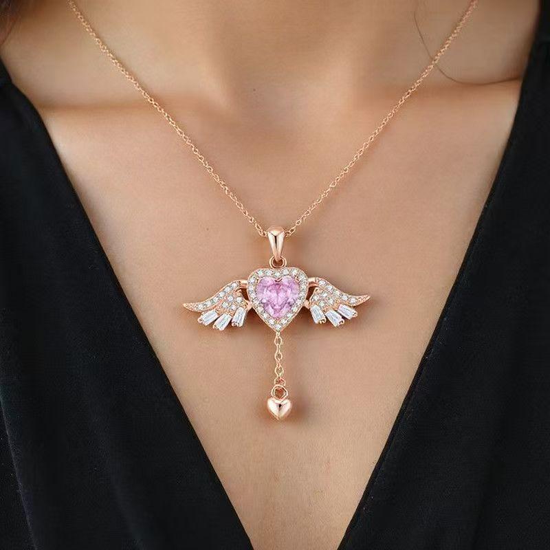 S925 Sterling Silver Angel Heart Wings Necklace - Elegant, Moveable Clavicle Pendant for Women