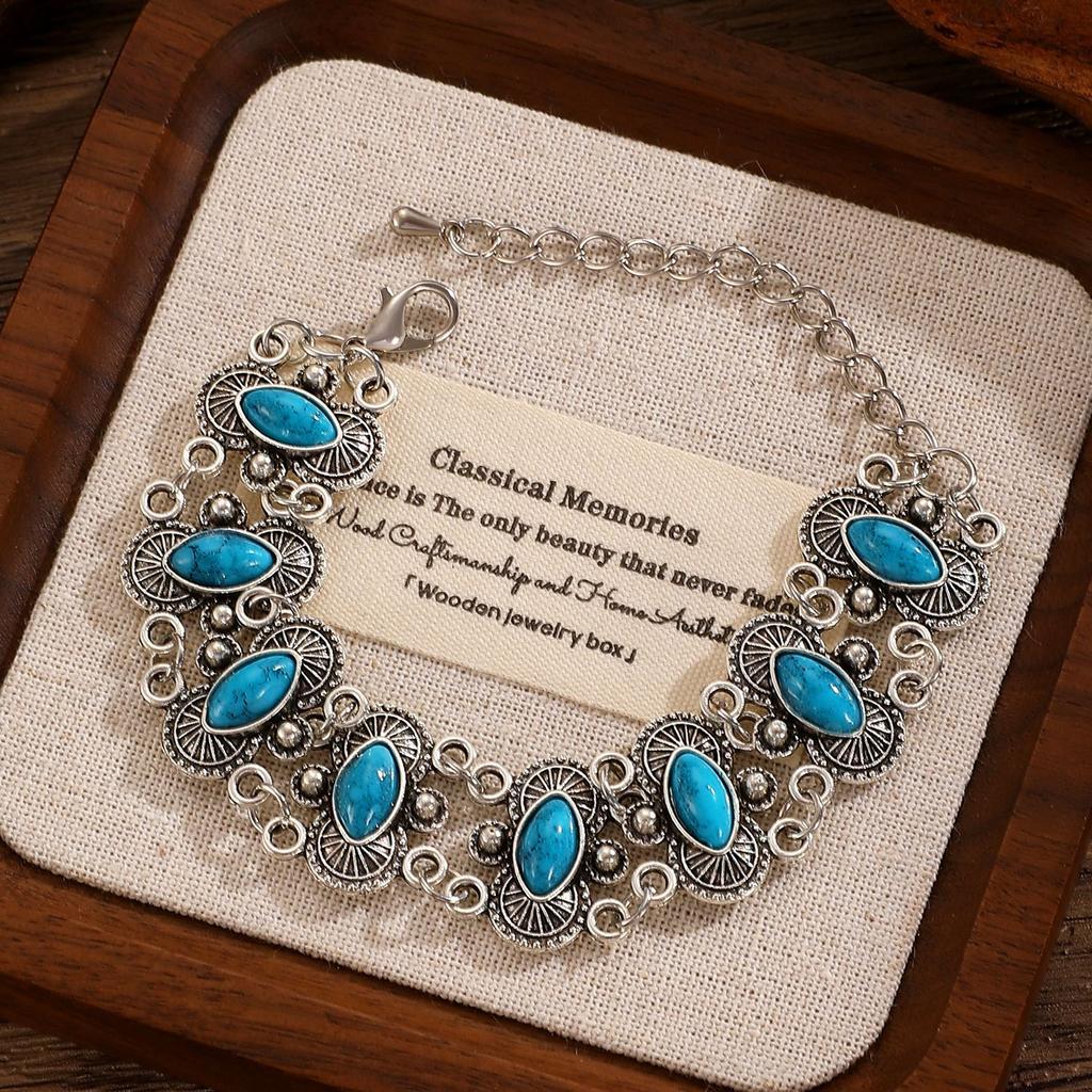 Vintage Boho Rotstein Gliederarmband Silberfarben Ethnisch Inspiriert Verzierter Armschmuck für Damen