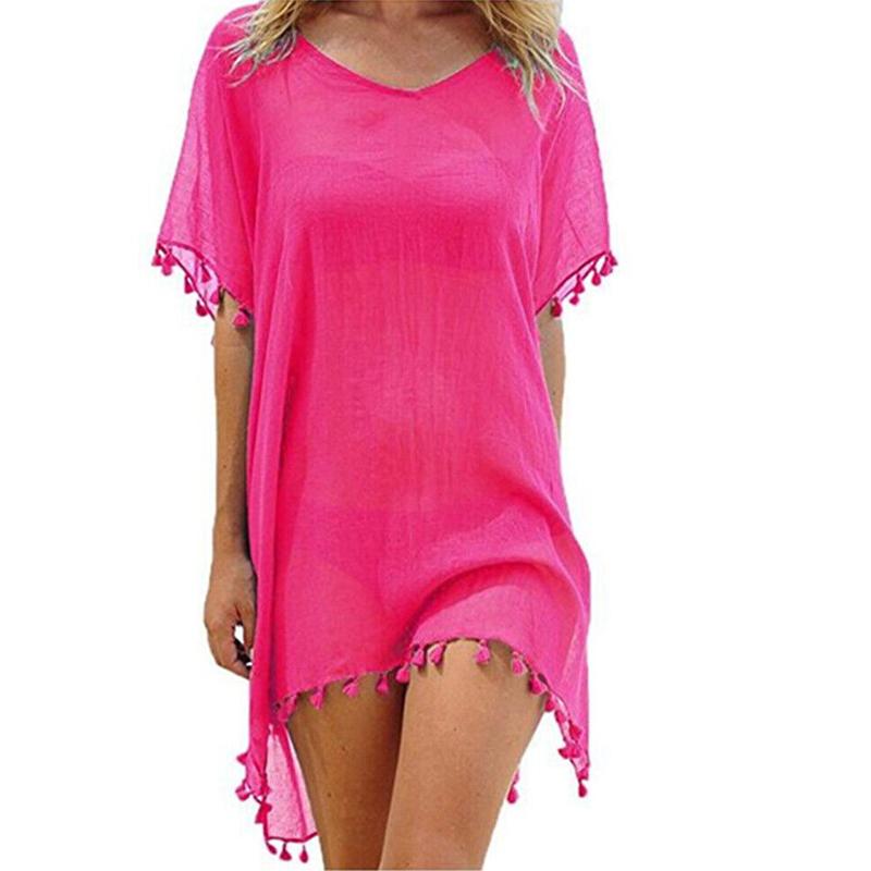 

1pc Bikini Women s clothing Beach Cover Chiffon Beachwear Dress Tassel Swimsuit Swimwear Women Loose Summer Round neck рожевий червоний колір