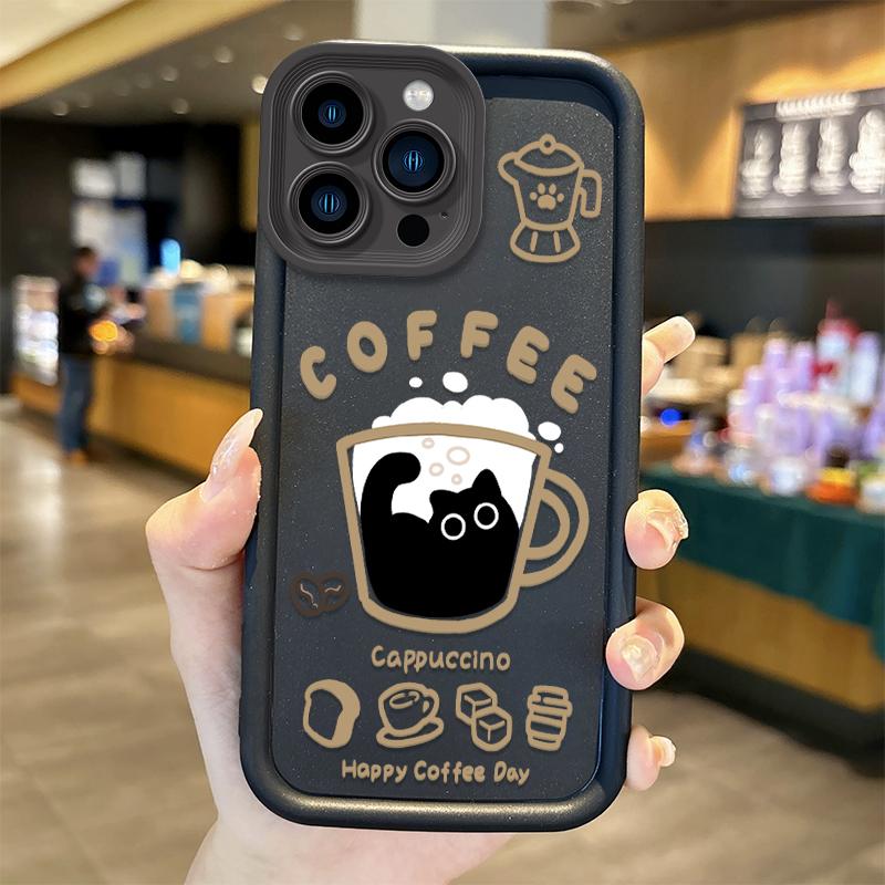 Cartoon Popular Coffee Cat Phone Case For IPhone 17 16 15 14 13 12 11 Pro Max Non-Slip Protective Soft Durable Flexible Cover
