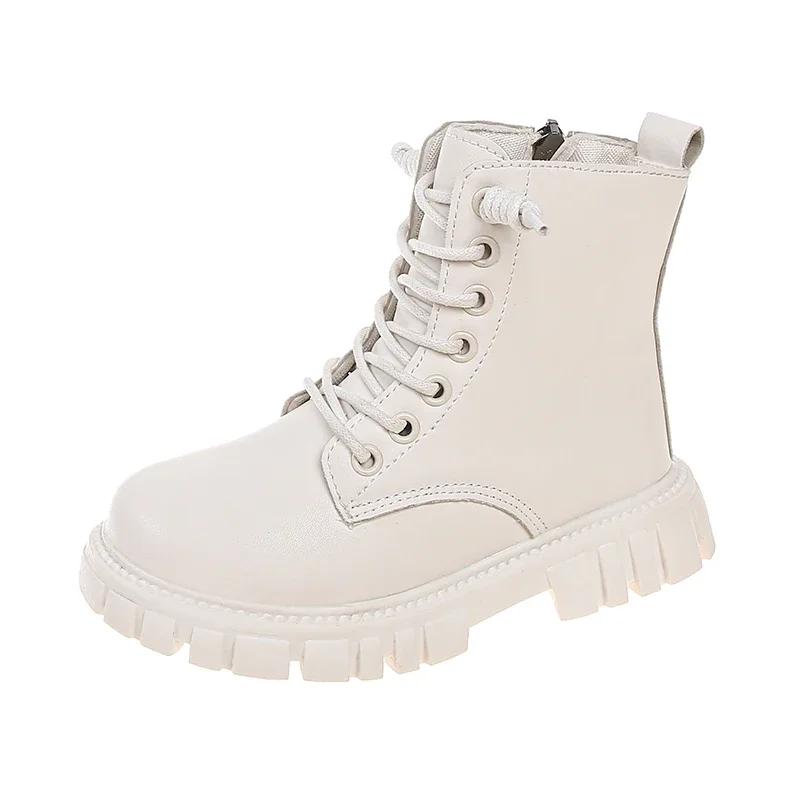 Spring Autumn Girls Ankle Boots Fashion School Kids Leather Boots Thick Bottom Non-slip Children s Platform Causal Boots Black 26 бежевый