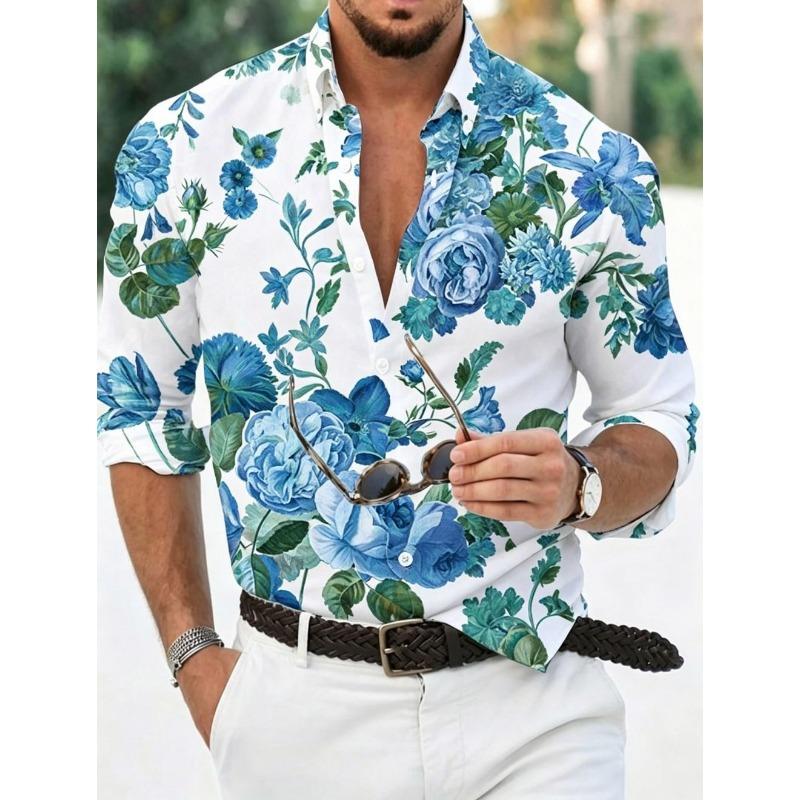 Men's floral shirt long sleeved sports fashion outdoor casual daily autumn and winter flat printed button down collar shirt