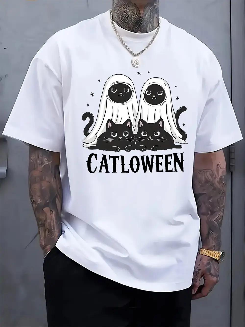 

Halloween Cat Graphic T-shirt - Black Casual Crew Neck Short Sleeve Tee with Playful Cat and Black Cat Design M