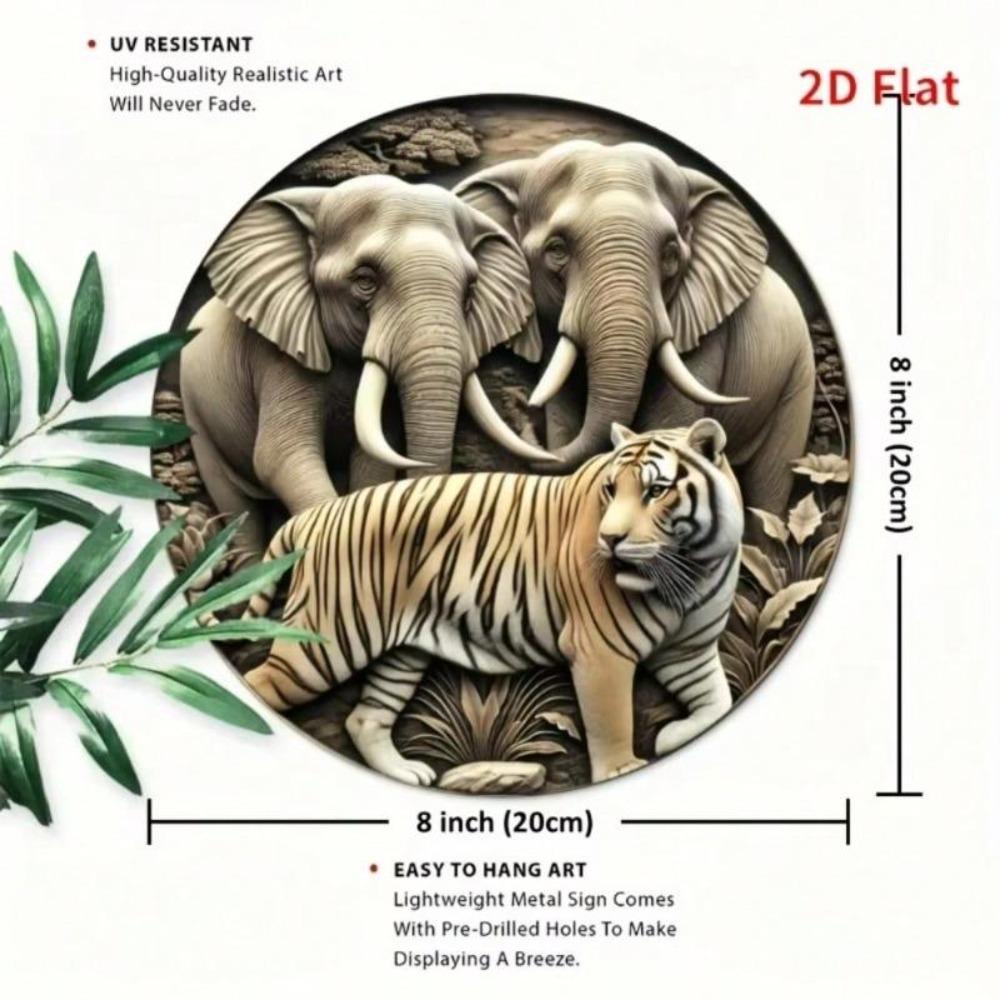 Vintage Metal Wall Art Round Iron Sign Elephant Tiger 8x8 Inch UV Coating Indoor Outdoor Decor Easy Hang