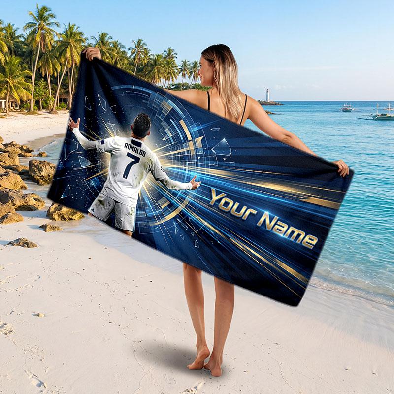 Cristiano Ronaldo Custom Beach Towel, Personalized Name Text Print, Football Logo Soft Quick‑Dry Towel Holiday Gift