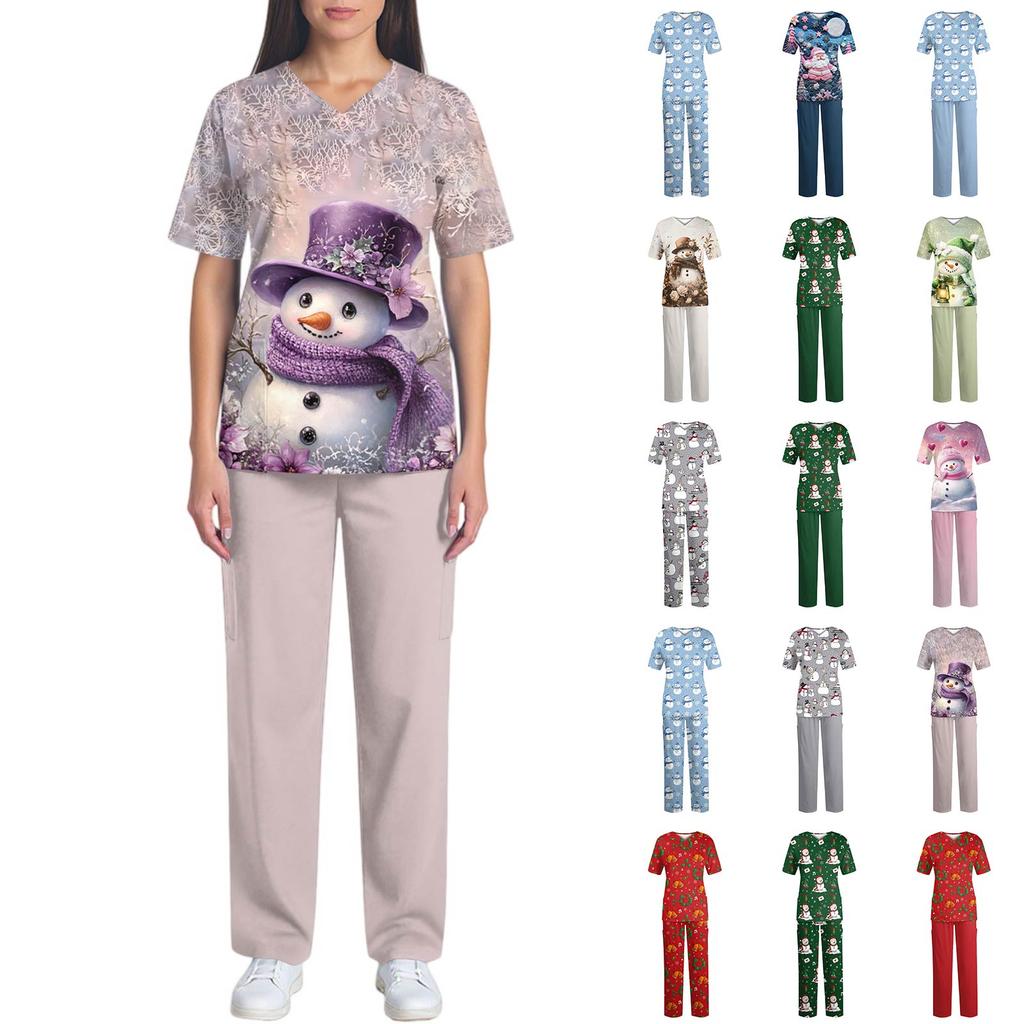 Women's Fashion Print Short Sleeve V Neck Pattern Tops Pocket Working Set