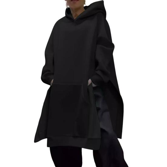 Fall Winter Lady Hoodie Slit Hem Mid Length Hooded Loose Thick Warm Long